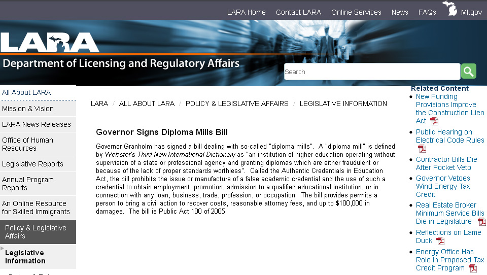 Michigan Governor Signs Diploma Mills Bill