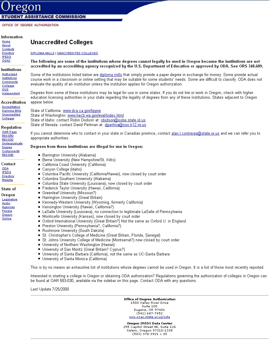  Oregon Diploma Mills List